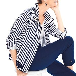 Chico’s Luxe Twill Striped Utility Jacket Women’s Size XL Full Zip Nautical Lace